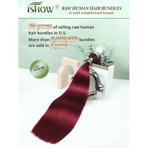 ISHOW Raw Human Hair Bundles, 100% Unprocessed Virgin Human Hair, 15A Straight Premium Quality Bundles Producer, 20 Inch Single Bundle, Long Lasting, Red Burgundy Color 99J