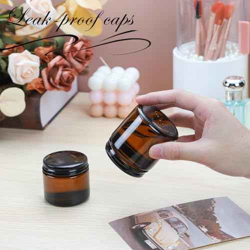 2oz Amber Glass Jars with Lids - 12 Pack Cosmetic Containers for Travel, Lotion, Cream
