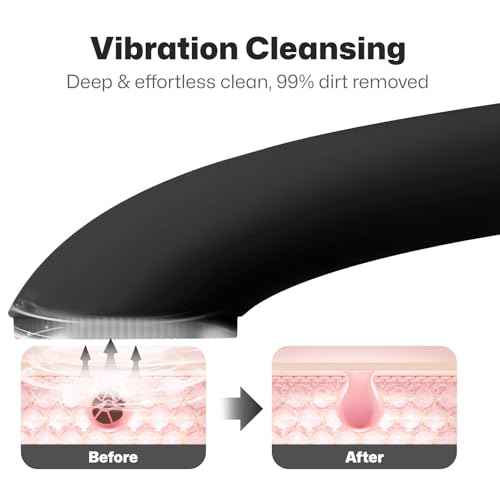 PRITECH Facial Cleansing Brush, Rechargeable Silicone Face Scrubber with Heat Massage End, Vibrating Exfoliator Scrubber for Deep Cleaning, Waterproof Face Brush for Women and Men (Black)