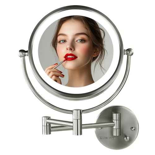 OVENTE Wall Mounted Lighted Makeup Vanity Mirror, 9" Hard Wired Double Sided 1X/7X Magnifying Bathroom Mirror, Dimmable LED Lights, 360¡Æ Rotation and 14" Extendable Arm, Nickel Brushed MPWD3185BR1X7X