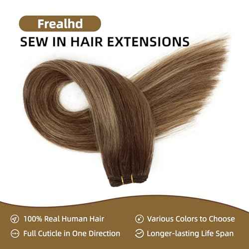 Sew in Hair Extensions Real Human Hair, 110g 24 inch Ombre Color 4/27/4 Balayage Chocolate Brown to Caramel Blonde Double Weft Weave Bundles Remy Human Hair Extensions Straight