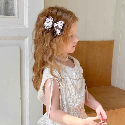 2 Pack 3.5-Inch Glitter Sparkly Brown Cow Hair Bow Clips for Western Cowgirls Cute Moo Cow Alligator Hairpins Barrettes Toddler Teens Women Kids Birthday Party Decorations Gift