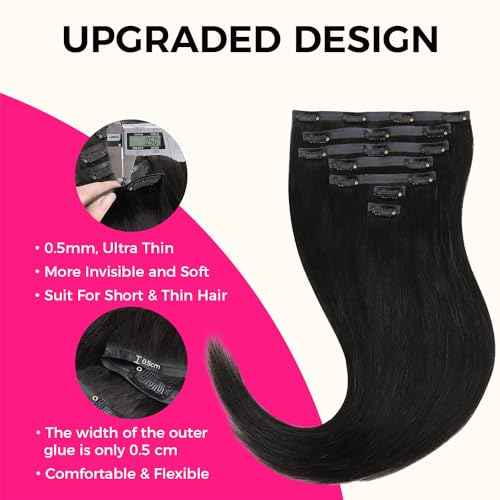 Lashey Seamless Clip-in Hair Extensions Human Hair Light Yaki Straight 16 Inch 7pcs 110g Natural Black PU Clip-in Hair Extensions