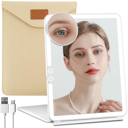 FUNTOUCH Large Rechargeable Travel Makeup Mirror with Light, Portable Makeup Mirror with 10X Magnifying Mirror 3 Lighting Modes, Dimmable Touch Screen, Tabletop Folding Travel Mirror with Storage Bag