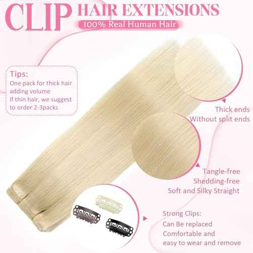 Clip in Hair Extensions Real Human Hair, Seamless Clip ins Real Human Hair for Women, Remy Human Hair Clip in Extensions, Double Weft 8pcs 18 inch Platinum Blonde