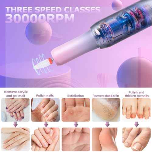Electric Nail Files Cordless, Professional Nail Drill LCD Display with 12 Bits 30000RPM Rechargeable Manicure Pedicure EFile for Gel?Nail?Polish Acrylic Nails Thick Toenails Removal, Grey Pink