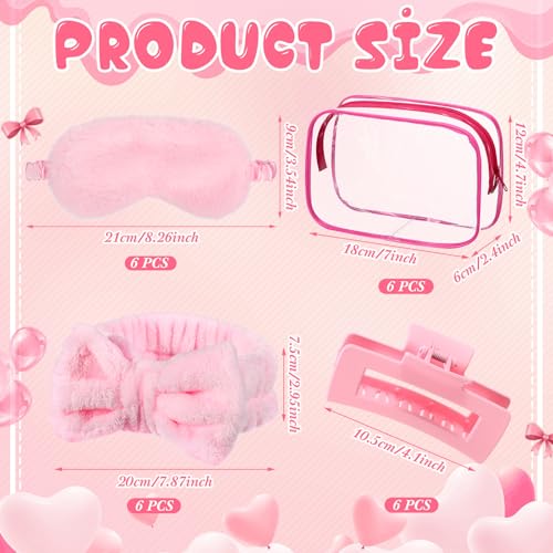 Hoteam 24 Pcs Sleepover Spa Party Favors Supplies 6 Spa Headband 6 Plush Sleep Eye Mask 6 Hair Claw Clips 6 Clear Cosmetic Bags for Slumber Party Christmas Gift(Pink)
