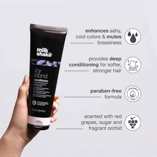 milk_shake icy blond conditioner | award winning toning conditioner with black pigment to neutralize yellow and brass in platinum blonde hair | hydrates and brightens cool tones