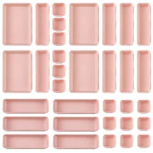 32 Pcs Desk Drawer Organizer Office Organization Tray Versatile Vanity Organizer with Nonslip Pads Makeup for Divider Drawer Storage Box Container for Kitchen Bedroom(Pink)