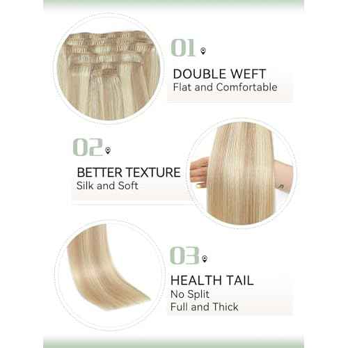Clip in Hair Extensions Real Human Hair, Blonde Remy Human Hair Extensions Clip ins, Dirty Blonde to Platinum Blonde Clip in Extensions for Women, 18inch 120g 7Pcs, P18/60