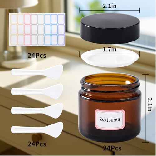 2 oz Amber Glass Jars with Lids,24 Pack 2oz Glass Jar with Inner Liners,2 Ounce Small Jars for Cream,Lotion