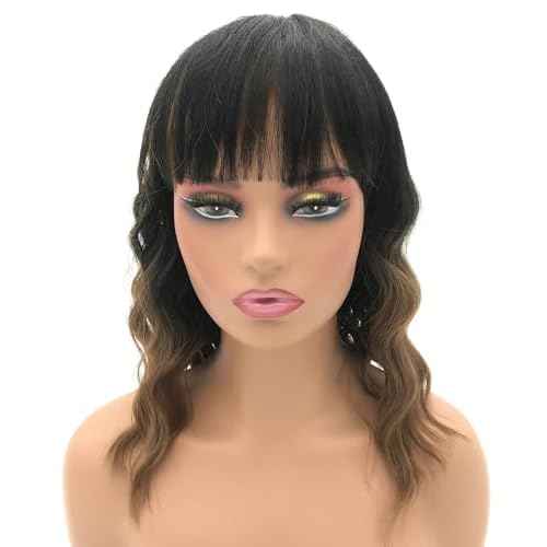 Short Bob Wig with Bangs Curly Wavy Wigs Shoulder Length Wigs for Women Girls Heat Resistant Synthetic Wig Halloween Cosplay Costume Black Ombre Brown