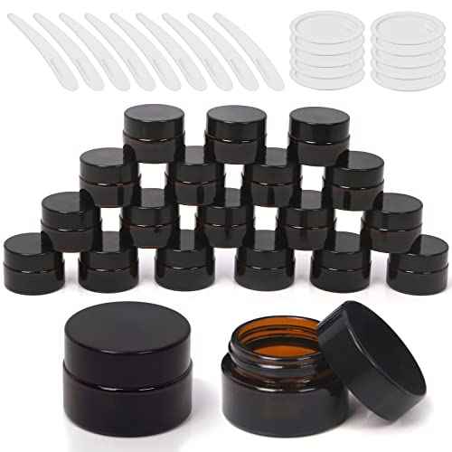 20 Pack 0.5oz/ 15ml Amber Glass Jars with Liner Lids Spatulas, Round Travel Containers for Ointments Lotion Creams Sample Pack