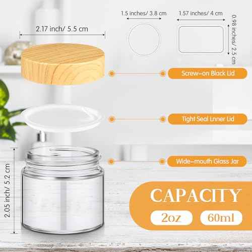 Layhit 64 Pcs 2oz Glass Jars with Lids Clear Small Jars with Plastic Woodgrain Lids, White Labels and Inner Liners Empty Round Cosmetic Containers for Creams Lotions Candle Making (2oz/ 60ml)