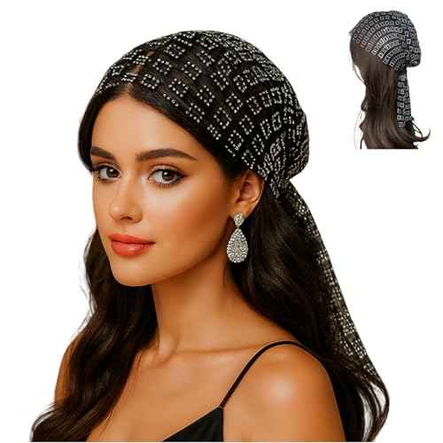 Munyee Hua Square Rhinestone Head Scarf for Women Bling Sparkly Hijab Stretchy Rave Turban Hat Handmade Headband Crystal Mesh Cap Hair Snood Nets Vintage Dress Concert Headpiece Black