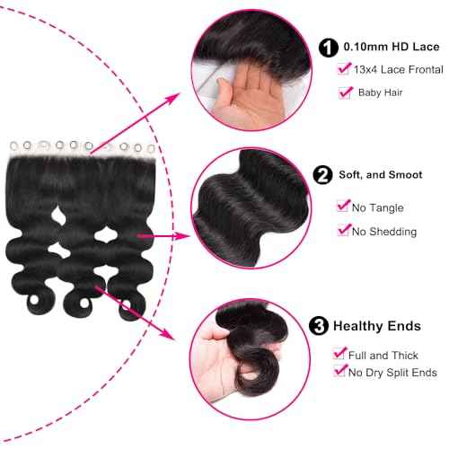 13x4 0.1mm SKINLIKE Ultra Thin Invisible HD Frontal Body Wave Transparent Lace Frontal Closure Melt Into Skin Easily Pre Plucked With Baby Hair 12A Grade Brazilian Human Hair 14 Inch