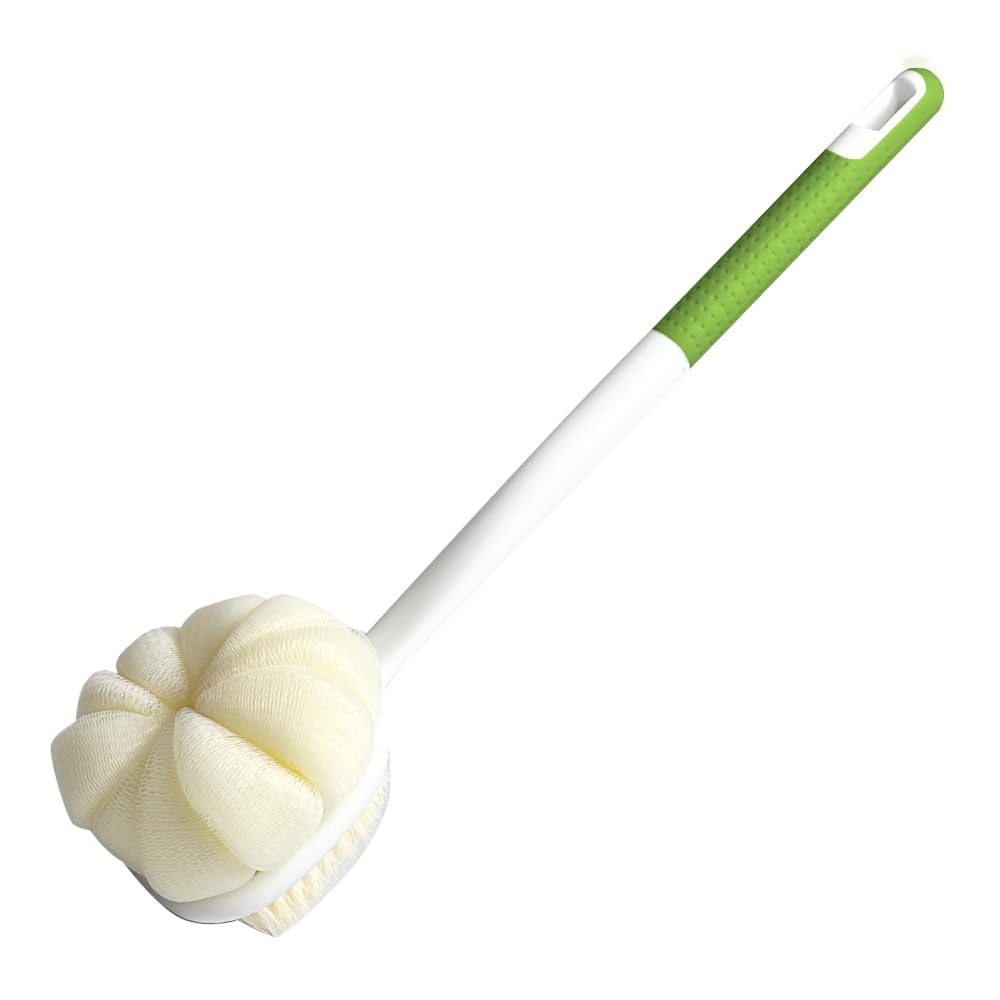 Shower Body Brush Soft Bristles and Loofah Long Handle Back Scrubber Bath Mesh Sponge Skin Exfoliating Men and Women (Green)