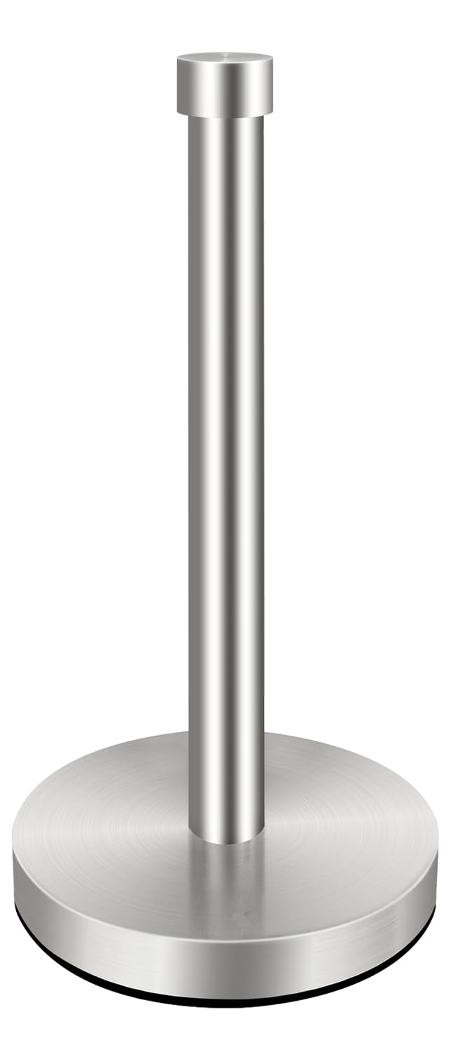VOTZAAQ Silver Paper Towel Holder Countertop, Stainless Steel Standing Paper Towel Holder with Sturdy Non-Slip Base, for One-Handed Operation, Brushed Nickel