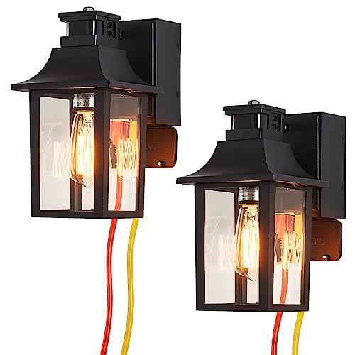 2 Pack Porch Light with GFCI Outlet,Dusk to Dawn Motion Sensor Outdoor Light,Black Front Door Lights,Waterproof Exterior Fixture,Outside Wall Lamp for House Patio Garage