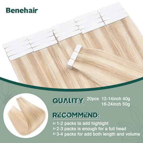 Benehair Remy Tape in Hair Extensions Human Hair Ash Blonde&Bleach Blonde Seamless Skin Weft Tape in Real Human Hair Extensions Straight Hair 20 Inch 50g #18P613 20 pcs