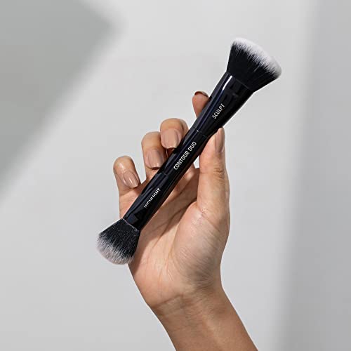 Lune+Aster Contour Duo Brush | Dual-Ended Contour Makeup Brush To Sculpt And Highlight. Made with Alumium Handle, Vegan Bristles.
