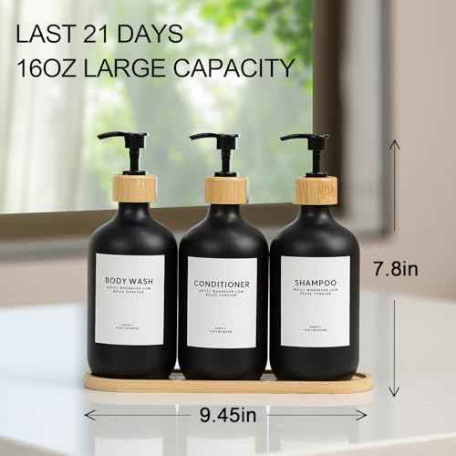 Shampoo and Conditioner Dispenser,16.9 fl oz Set of 3 Black Plastic Refillable Shower Shampoo Dispenser with Bamboo Tray, Reusable Pump Bottles with Labels for Bathroom D?cor (Black+Bamboo Tray)