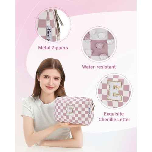 Narwey Birthday Gifts for Teen Girls Kids Women Personalized Initial Checkered Makeup Bag Pink Monogram Cosmetic Bag Trendy Stuff 6 8 10 11 12 13 14 16 18 Years Old Travel Toiletry Bag (Dusty Rose J)