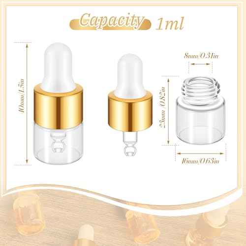 100 Pcs Mini Glass Oil Dropper Bottle Bulk, Clear Essential Small Empty Bottles Sample Containers Perfume Liquid Vials with Cap for Traveling (1 ml,Gold)