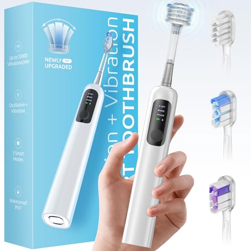 SYNHOPE Oscillating Sonic Electric Toothbrush for Adults, Rechargeable Battery & Fast Charge [Unique 60¡Æ Swing Amplitude] 3 Brush Heads with Pounch, IPX7 Waterproof & Teeth Whitening Cleaning