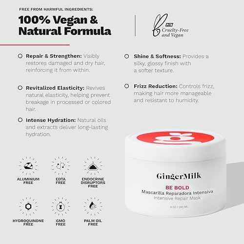 Ginger Milk Natural Care Intensive Repair Hair Mask for Dry/Damaged Hair due to Coloring, Chemical Processes, hot styling tools and dryers | BE BOLD (8 oz.)
