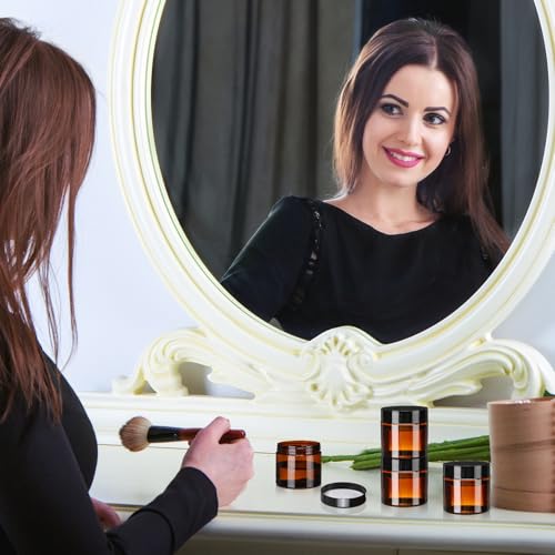 Tanlade 100 Pcs 2 oz Amber Plastic Cosmetic Jars with Lids Empty Leak Proof Container Refillable Cosmetic Jars Airtight for Cream, Lotion, Powder, Ointment, Beauty Products Travel Storage(Round)
