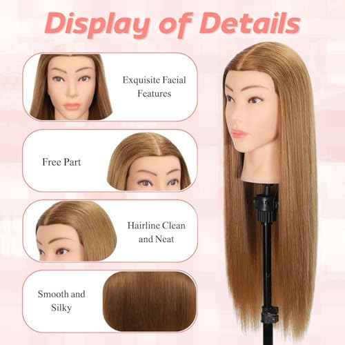 Mannequin Head Human Hair, 80% Real Hair Cosmetology Manikin Head for Practice Braiding Hairstyling Cutting with Free Clamp Holder and Tools (Light Brown)