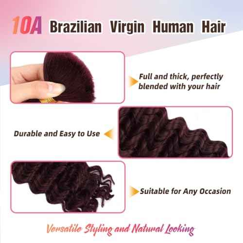 Human Braiding Hair, 2 Bundle 100g 20 Inch Boho Braids Human Hair 10A Deep Wave Bulk Brazilian Virgin No Weft Wavy Hair Extension for Boho Knotless Bohemian Micro Braid Bulk for Braiding 99J