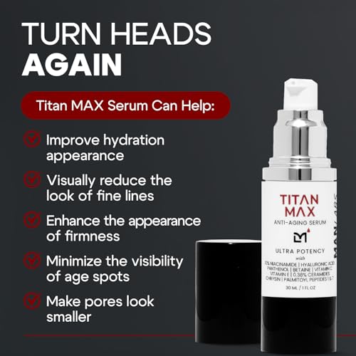 Titan MAX Anti-Aging Face Serum for Men ? Ultra Potency Mens Face Moisturizer ? Men, Dark Spots, Wrinkles, Fine Lines ? Vitamin C & E, 10% Niacinamide, Hyaluronic Acid ? Unscented