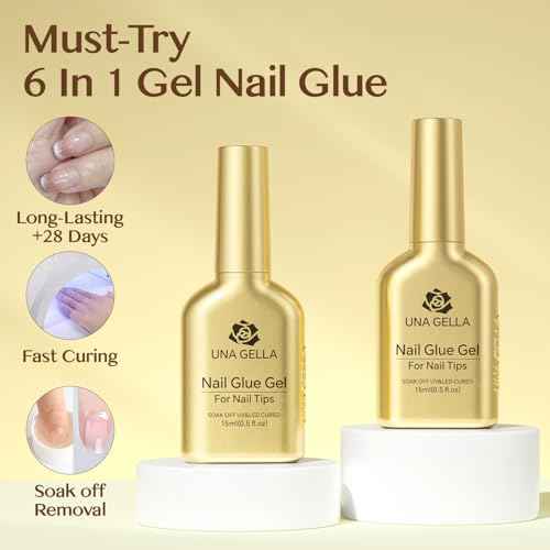 UNA GELLA 6 in 1 Gel Nail Glue for Clear Acrylic Nails Tips, 2Pcs 15ml Super Strong Brush UV Nail Glue Long Lasting Lamp Curing Required for Fake Nails Tips, Christmas Nail Art