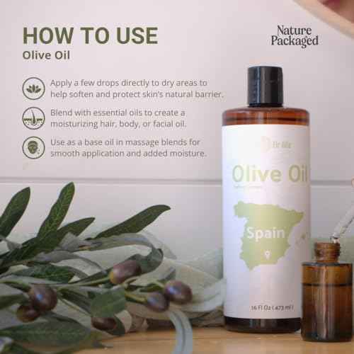 Olive Oil - 100% Pure Cold Pressed Natural Olive Oil (Aceite de Oliva) for Essential Oils Dilution, Massage & Skincare - Premium Grade (16oz)