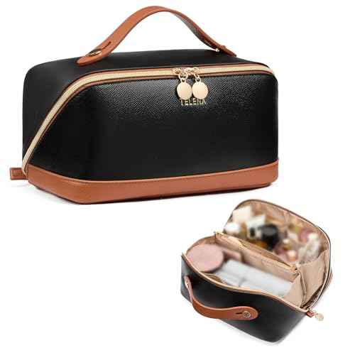 Telena Leather Make Up Bag Portable Travel Makeup Bag Waterproof Cosmetic Bags for Women Large Capacity With Handle and Divider Open Flat