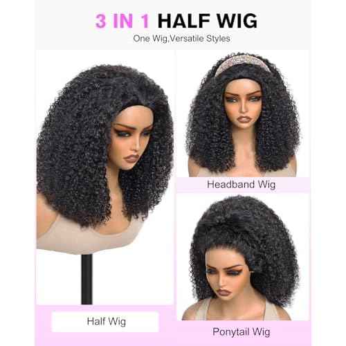 Kinky Curly Half Wig Human Hair 200 Density 3 In 1 Seamless Flip Over Half Wigs Glueless KinkyCurly Wigs Human Hair Beginner Friendly 360 Degree Flexi-fit Drawstring Headband Wig for Women 16 Inch