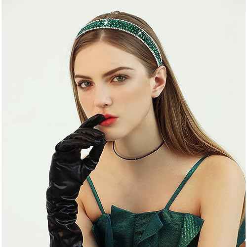 Wecoe Rhinestone Headband - Dark Green Bling Sparkly Crystal Diamond Thin Hair Band for Women & Girls, Fashion Accessory for Holiday, Birthday Gift