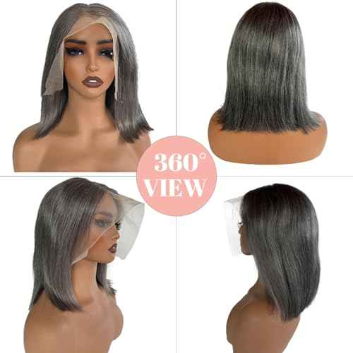 Belaved Bob Lace Front Wigs Human Hair Grey Salt & Pepper 12 Inch Ombre Silky Straight Balck Mix Grey Short Bob 13x4 HD Lace Frontal 180% Density Pre Plucked Bleached Knots Glueless