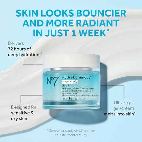 No7 HydraLuminous+ Hydrating Day Gel Moisturizer - Hyaluronic Acid and Vitamin B3 Niacinamide Face Moisturizer to Hydrate, Protect & Refresh Skin - Supports Skin Barrier Repair (1.69 Fl Oz)