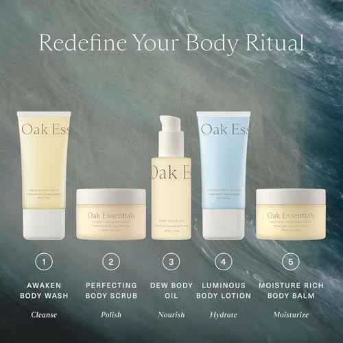 Oak Essentials Travel Body Routine | TSA-Friendly Mini Body Care Set with Wash, Scrub, Lotion, Oil, & Balm + Linen Travel Bag