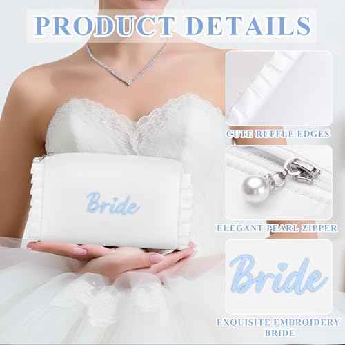 Etercycle Bride Cosmetic Bag, White Satin Bride To Be Makeup Bags Exquisite Embroidery Something Blue Bridal Shower Gifts, Ruffle Toiletry Bag For Engagement Wedding Bridesmaid Bachelorette Party