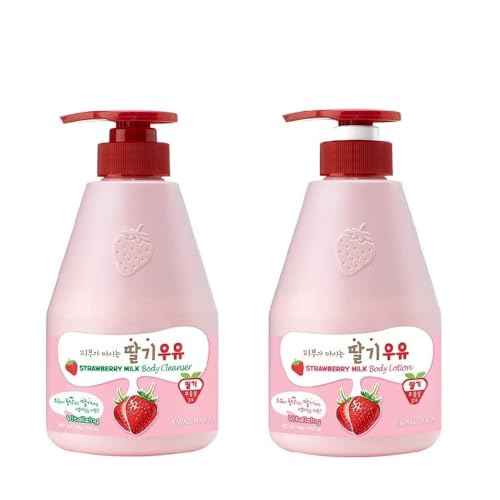 Kwailnara WELCOS Strawberry Milk Body Lotion & Body Wash Set ? Moisturizing & Revitalizing Korean Skincare Set with Strawberry Extract, 560g / 19.75oz Each