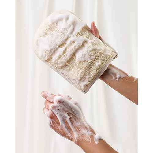 Premium Exfoliating Loofah Gloves ? Natural Egyptian Loufa Sponge Body Scrubber Mitts for Soft, Radiant Skin ? Left and Right Thumb Holes - Gentle Exfoliation & Deep Clean (1-Pack) (Count 2)