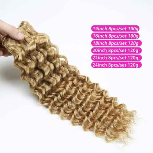 Curly Clip in Hair Extensions Real Human Hair 24inch 120g Invisible & Seamless 100% Brazilian Remy Human Extension Deep Wave Clip ins Extensions Double Weft 8 PCS with 20 Clips #27 Honey Blonde