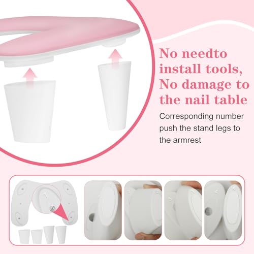 Two Hands Arm Rest for Nails Tech U-Shape Nail Hand Pillow with 6Pcs Nail Files Professional Portable Nail Stand Hand Rest Leather Manicure Rest Stand Salon Manicurist Essentials (Pink)