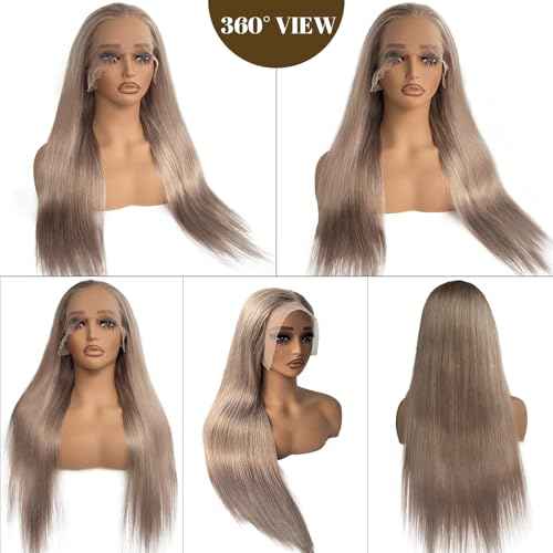 Belaved 16 Inch Ash Blonde Wigs Human Hair Straight 13x6 HD Transparent Lace Front Wigs for Black Women 180% Density Glueless Balayage Blonde Remy Human Hair Wigs with Baby Hair Pre Plucked Hairline