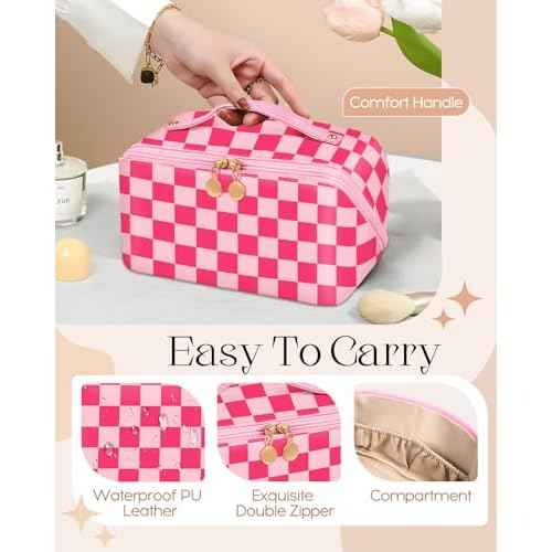 Bistup Makeup Bag Travel Cosmetic Bag Toiletry Make Up Bags Cute Women Large Capacity Big Medium Leather Checkered Plaid Hotpink Aesthetic Girl Teen Teenage Foldable Expandable Open Flat Zip