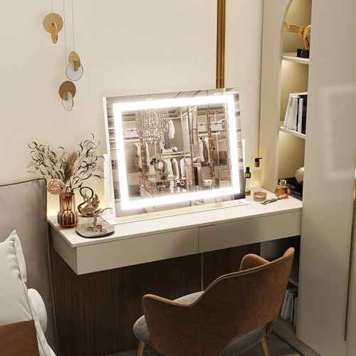 FENNIO Vanity Mirror with Lights 22''x18'' Makeup Mirror with Lights,Lighted Makeup Mirror with 10X Magnification and USB£¬Smart Touch Screen with 3-Color Lighting,Dimmable£¨Square White£©